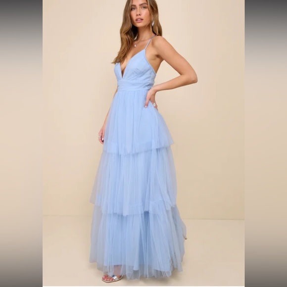 Lulu’s Light Blue Charming Glamour Tulle Sleeveless Tiered Maxi Dress NWOT S - Picture 3 of 15